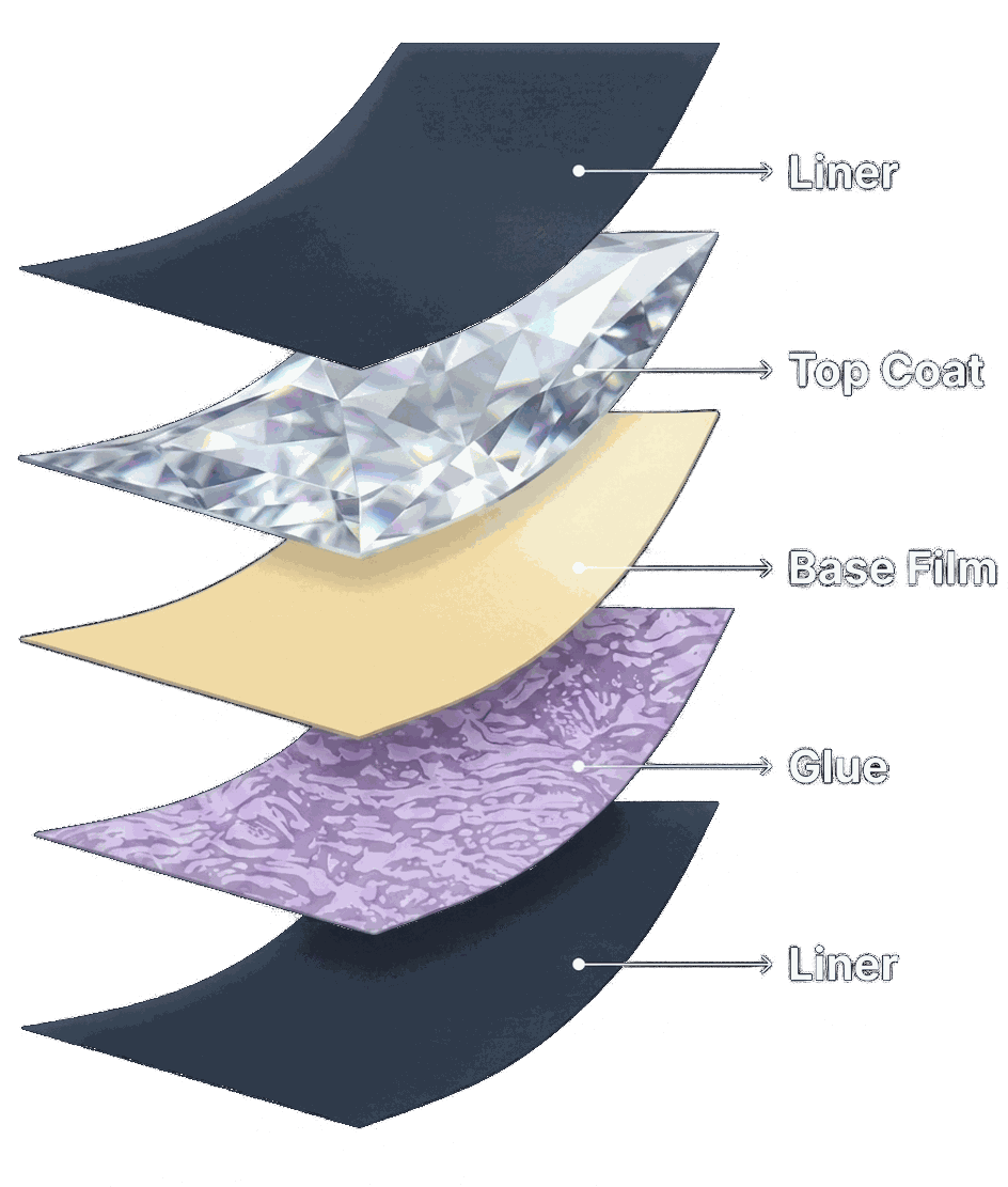โครงสร้างชั้นฟิล์ม Finnix PPF Liner, Top Coat, Base Film, Glue, Liner